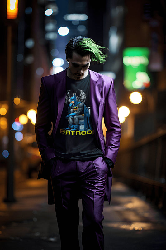 Hombre con camiseta Batroom, parodia de Batman - Starway to Helen
