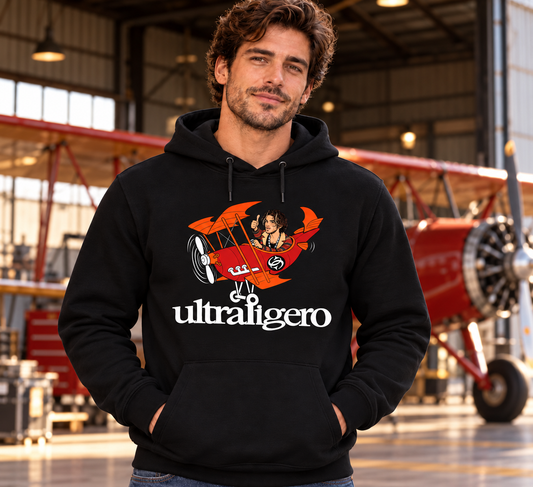 Sudadera negra Ultraligero con capucha para hombre en un hangar, estampado de avioneta roja, humor indie - Starway to Helen