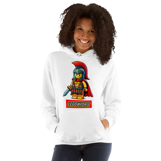 Vista lateral de sudadera Legonidas con diseño de Leónidas en versión bloques de Lego divertida