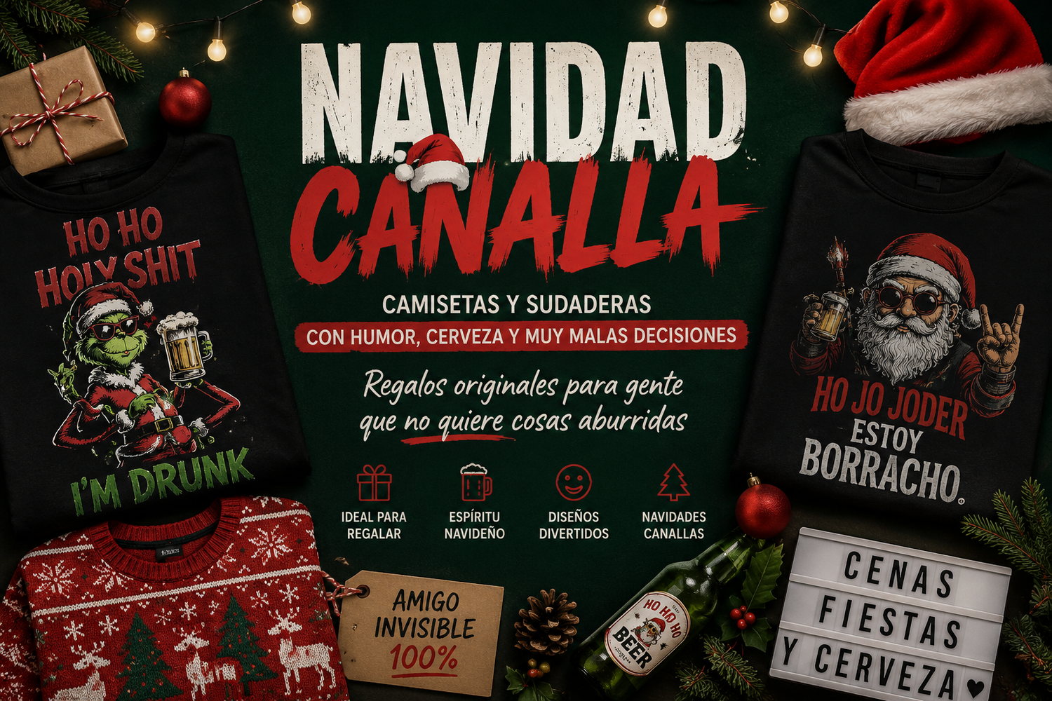Banner de colección Navidad Canalla con camisetas y sudaderas navideñas divertidas, humor gamberro y diseños para regalo de StarwaytoHelen