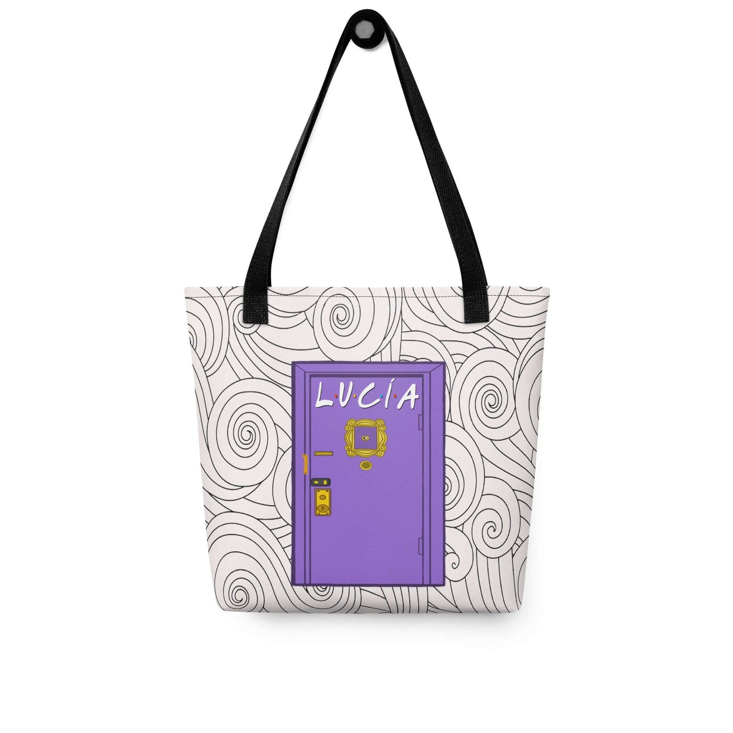 Bolsa tote personalizada con puerta morada inspirada en una serie de televisión y nombre personalizable