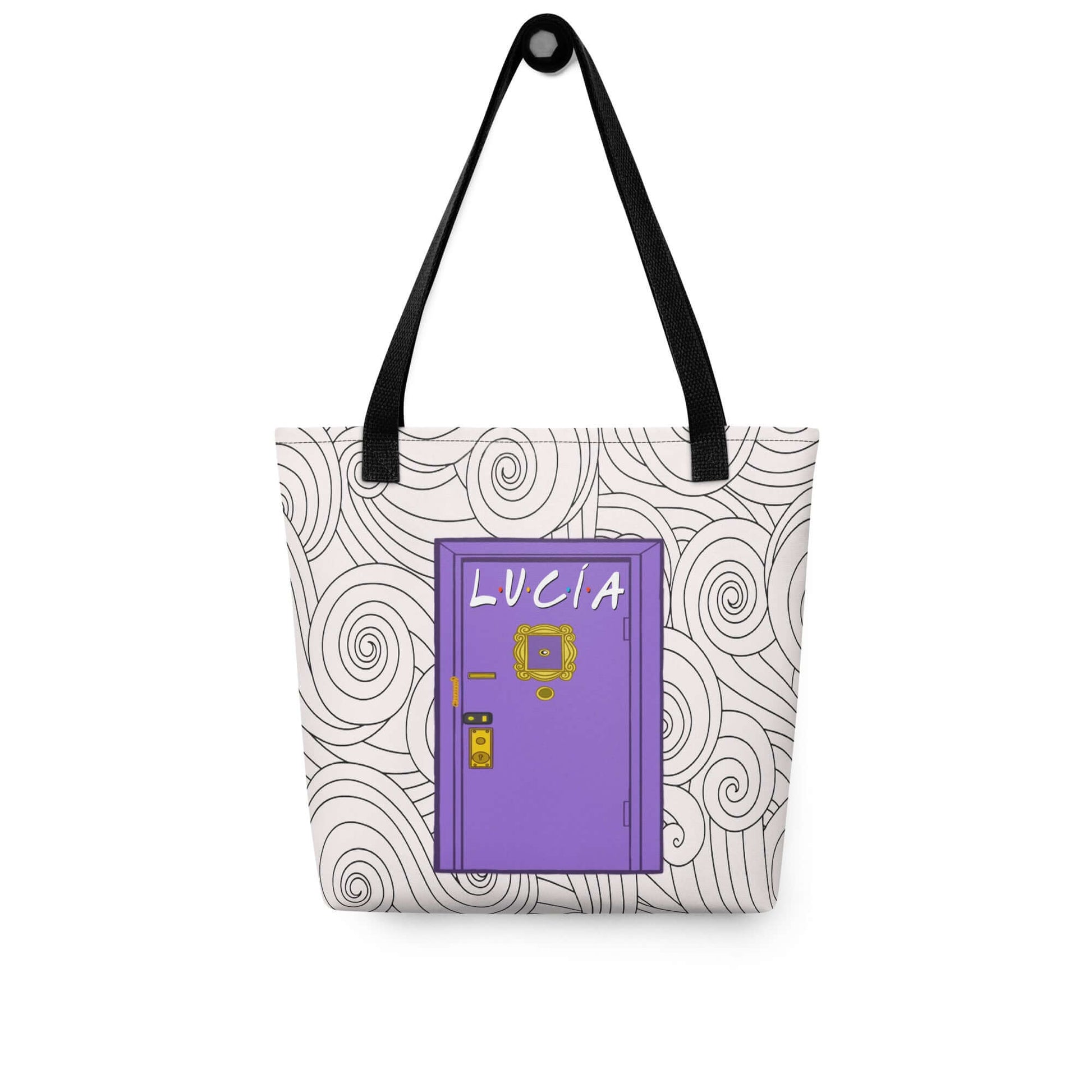 Bolsa tote personalizada con puerta morada inspirada en una serie de televisión y nombre personalizable