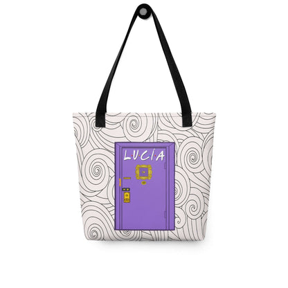 Bolsa tote personalizada con puerta morada inspirada en una serie de televisión y nombre personalizable