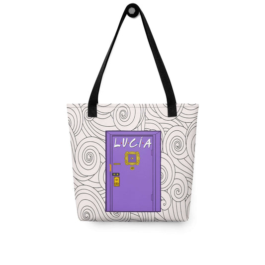 Bolsa tote personalizada con puerta morada inspirada en una serie de televisión y nombre personalizable