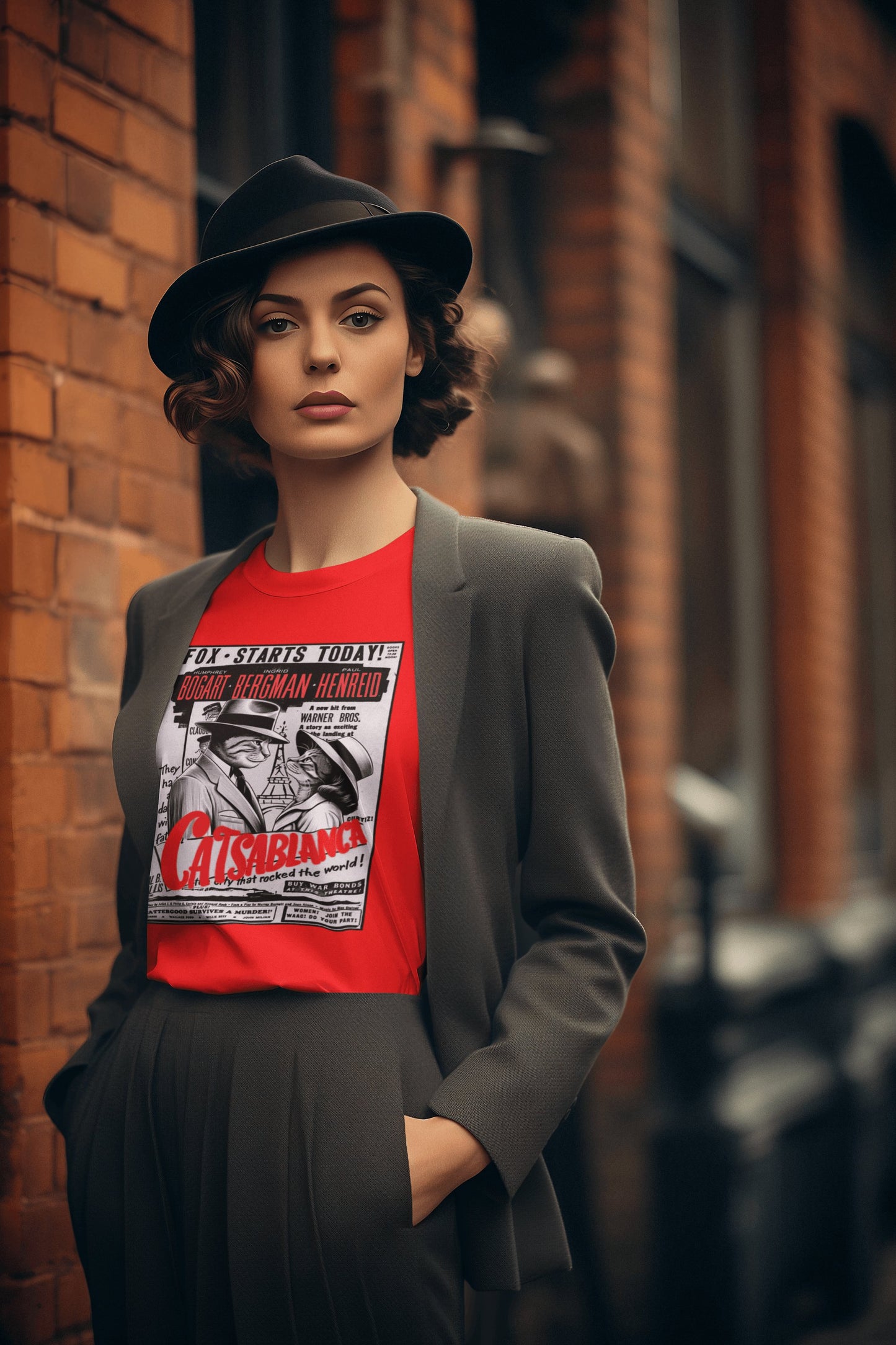 Hombre con camiseta Catsablanca, parodia de Casablanca - Starway to Helen