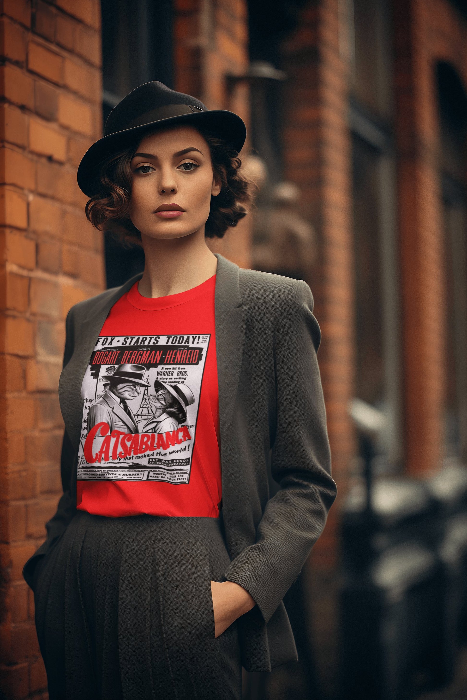 Hombre con camiseta Catsablanca, parodia de Casablanca - Starway to Helen