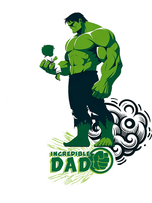 Vista de camiseta Incredible Dad con ilustración de Hulk papá en tono verde, prenda divertida