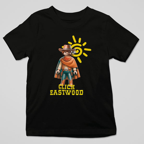 Camiseta negra Click Eastwood con vaquero estilo Playmobil inspirado en Clint Eastwood