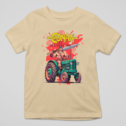 Camiseta Conan el Deltractor con guerrero musculoso conduciendo un tractor