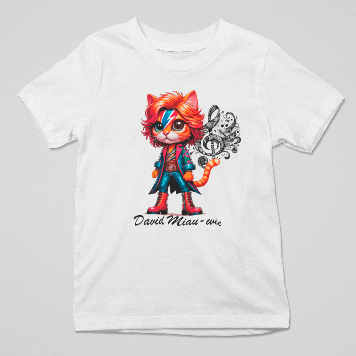 Camiseta divertida David Miau-wie con gato rockero inspirado en David Bowie y diseño musical original