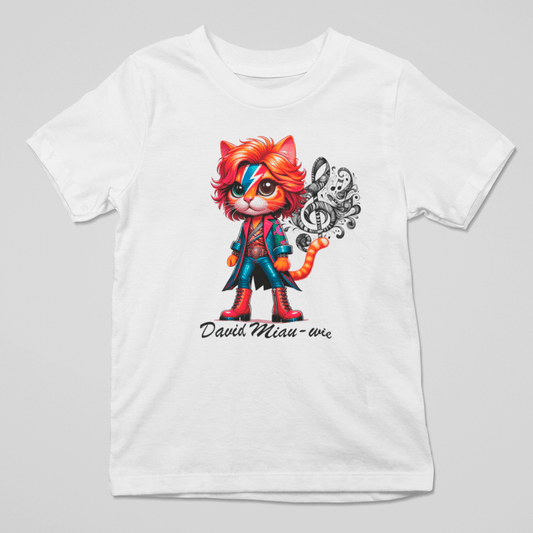 Camiseta divertida David Miau-wie con gato rockero inspirado en David Bowie y diseño musical original