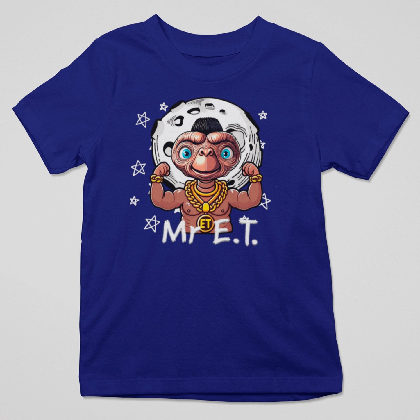 Camiseta Mr E.T. con extraterrestre musculoso estilo retro y cadenas doradas
