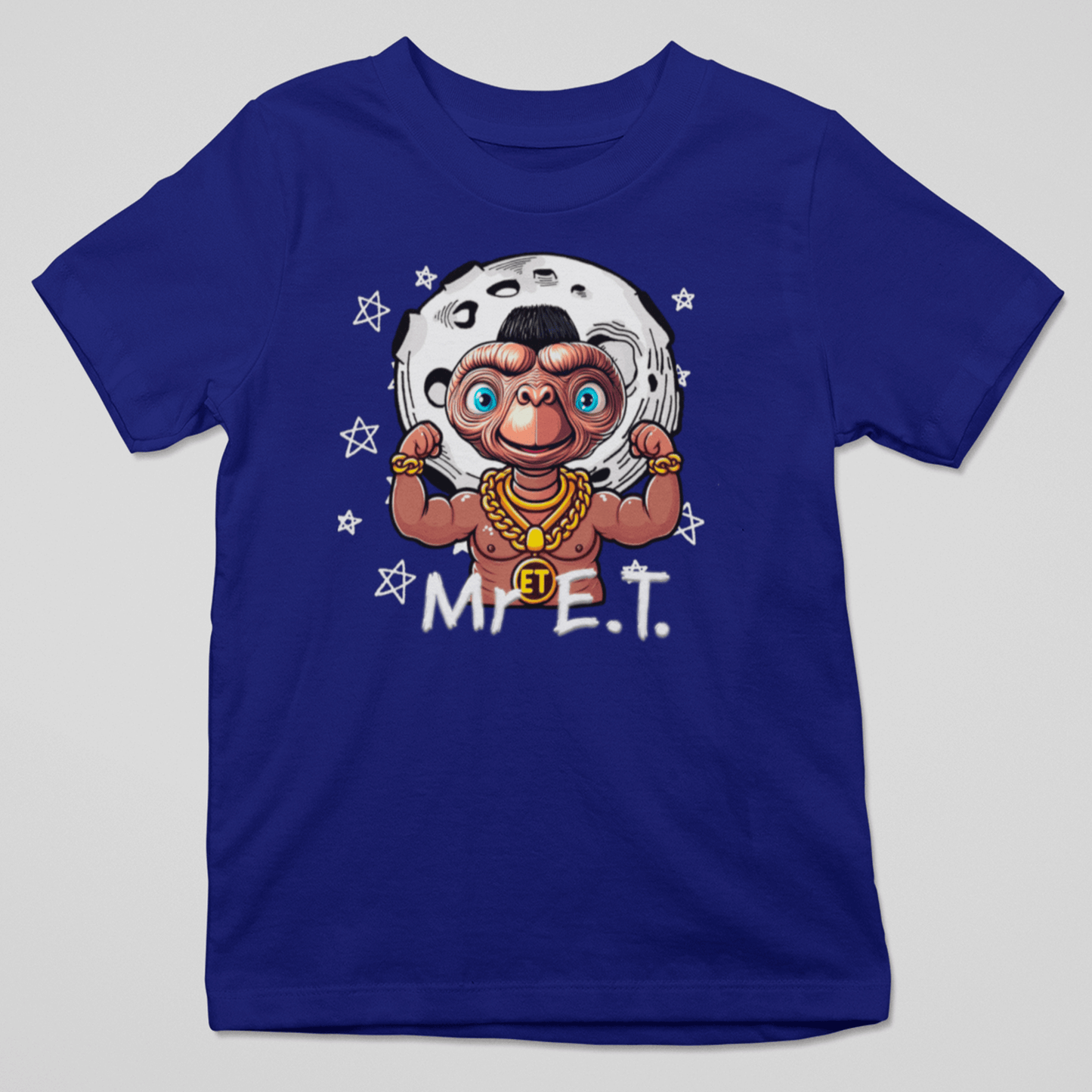 Camiseta Mr E.T. con extraterrestre musculoso estilo retro y cadenas doradas