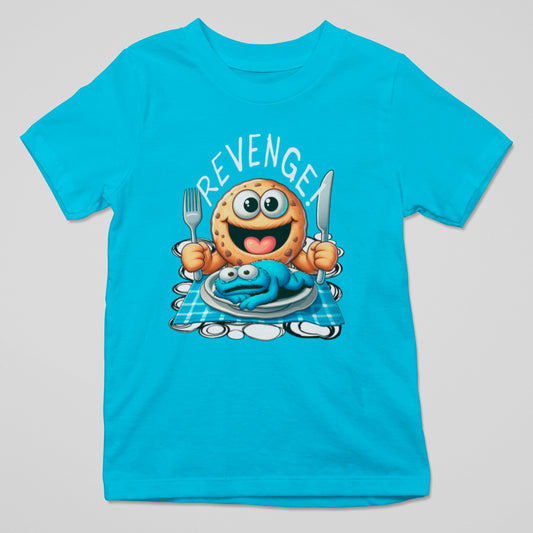 Camiseta Revénger con galleta sonriente lista para comerse una galleta azul