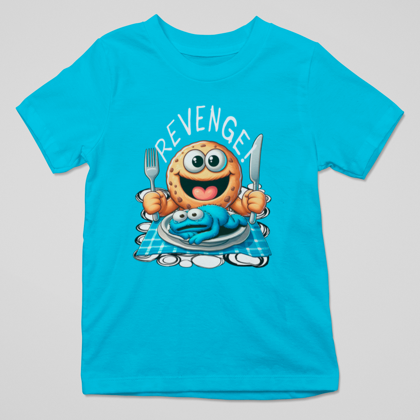 Camiseta Revénger con galleta sonriente lista para comerse una galleta azul