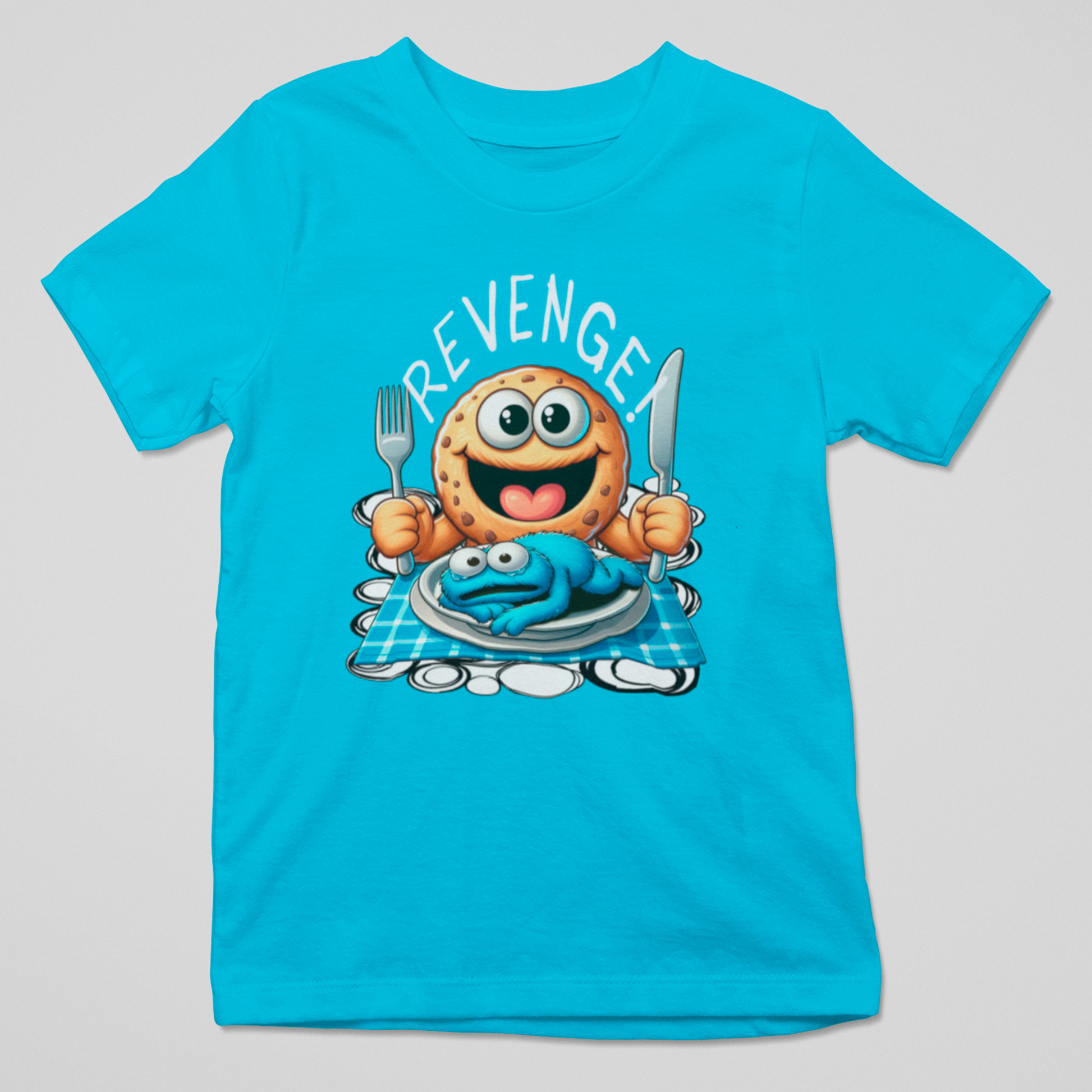 Camiseta Revénger con galleta sonriente lista para comerse una galleta azul