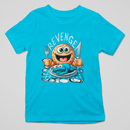Camiseta Revénger con galleta sonriente lista para comerse una galleta azul