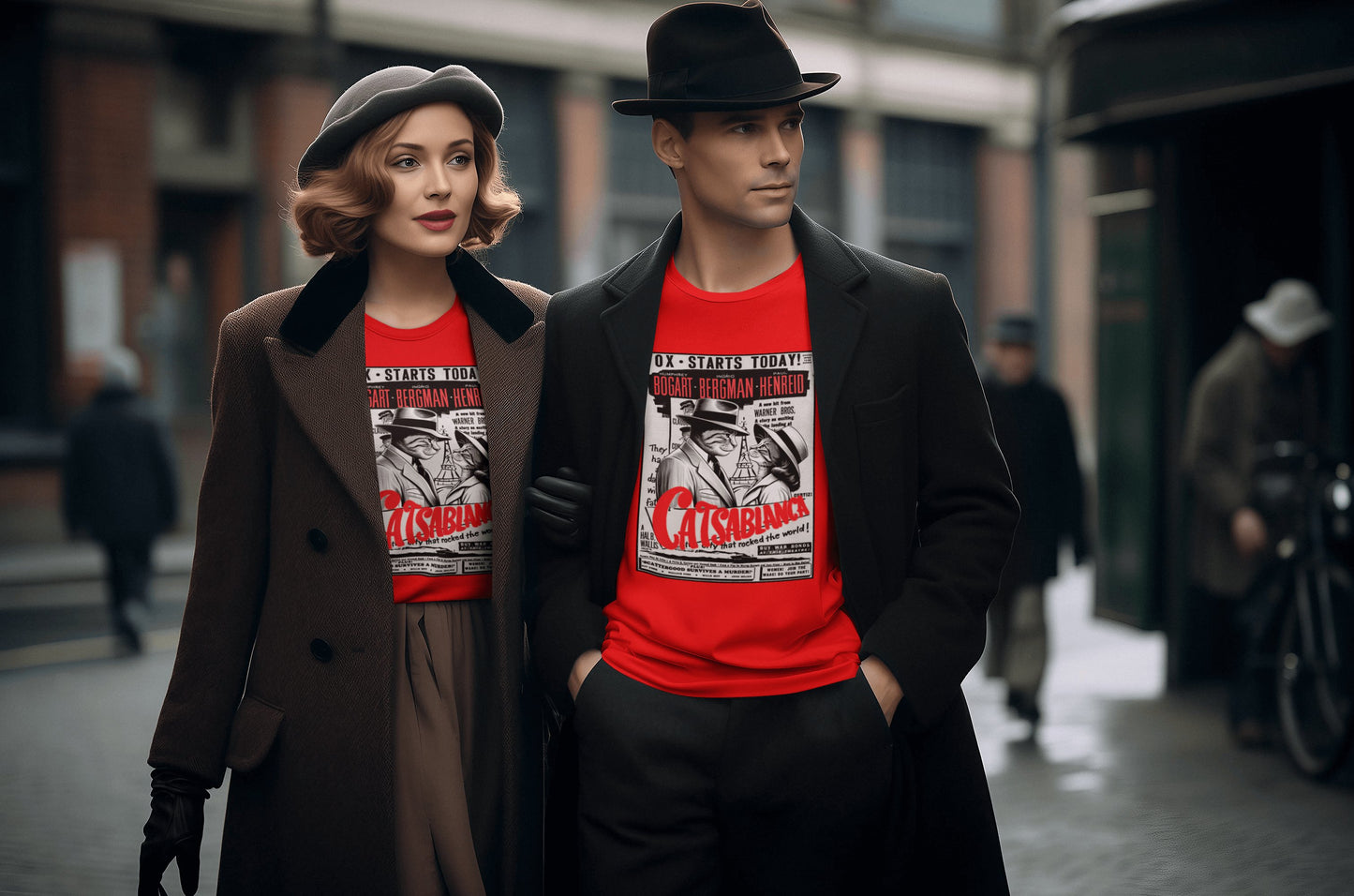 Pareja con camiseta Catsablanca, parodia de Casablanca - Starway to Helen