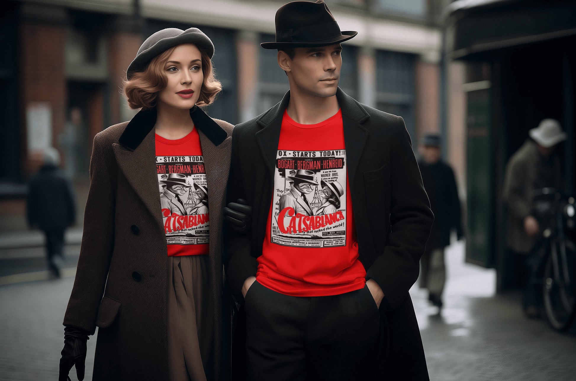 Pareja con camiseta Catsablanca, parodia de Casablanca - Starway to Helen