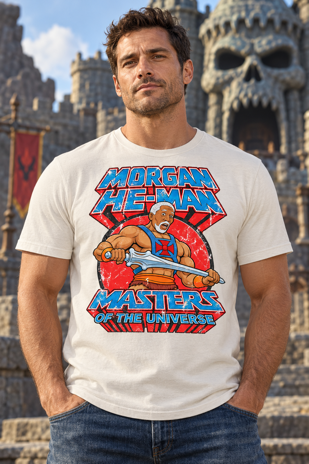 Camiseta blanco vintage Morgan He-Man en hombre, parodia de Morgan Freeman como He-Man, castillo de Masters del Universo - Starway to Helen
