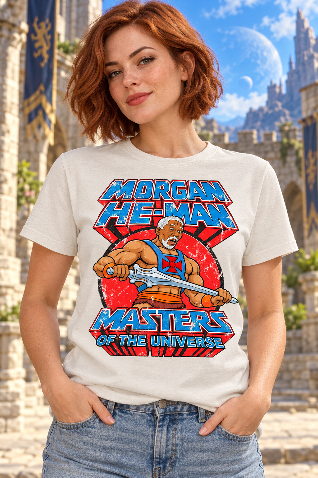 Camiseta blanco vintage Morgan He-Man en mujer, parodia de Morgan Freeman como He-Man, Masters del Universo - Starway to Helen