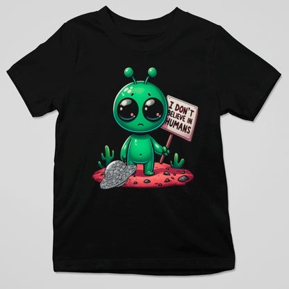 Camiseta Alien Escéptico con extraterrestre que no cree en humanos, diseño humor ciencia ficción