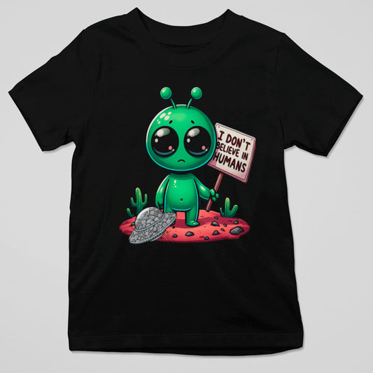 Camiseta Alien Escéptico con extraterrestre que no cree en humanos, diseño humor ciencia ficción