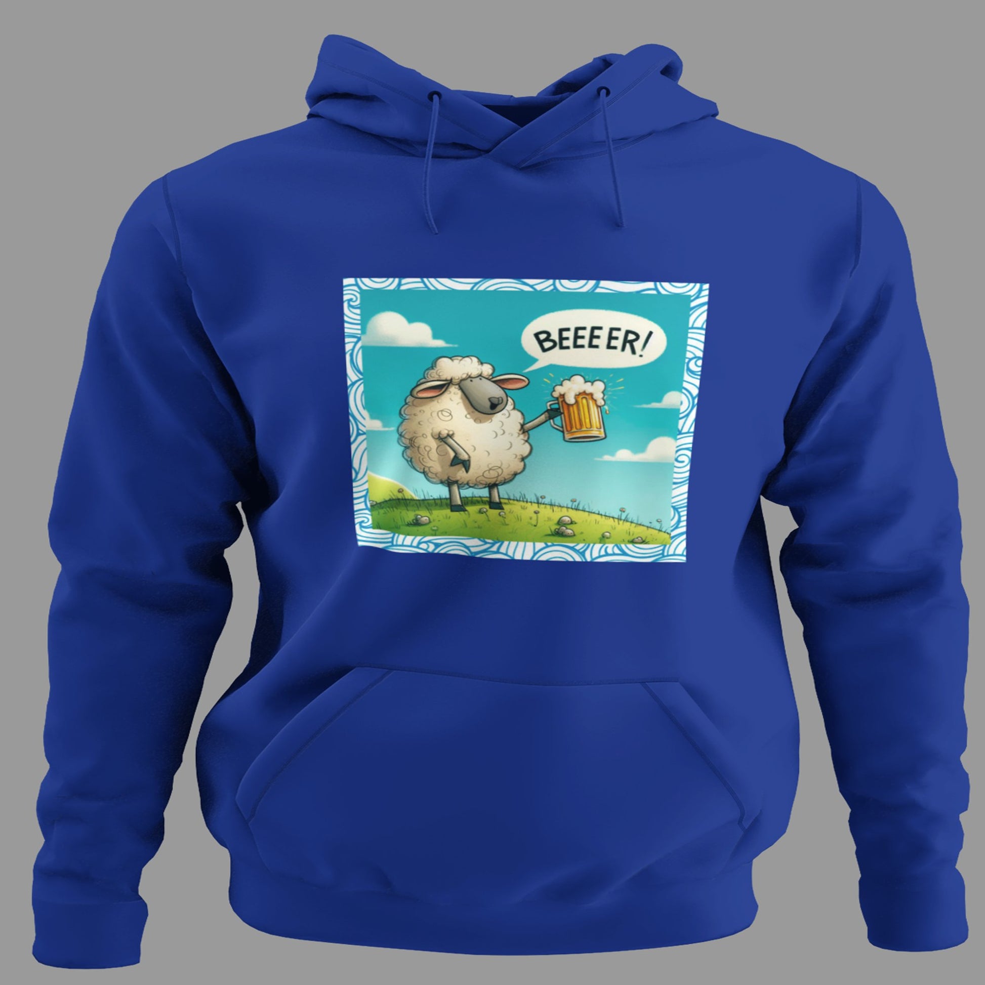 Sudadera Oveja BeeER! con capucha, diseño oveja bebiendo cerveza, humor divertido