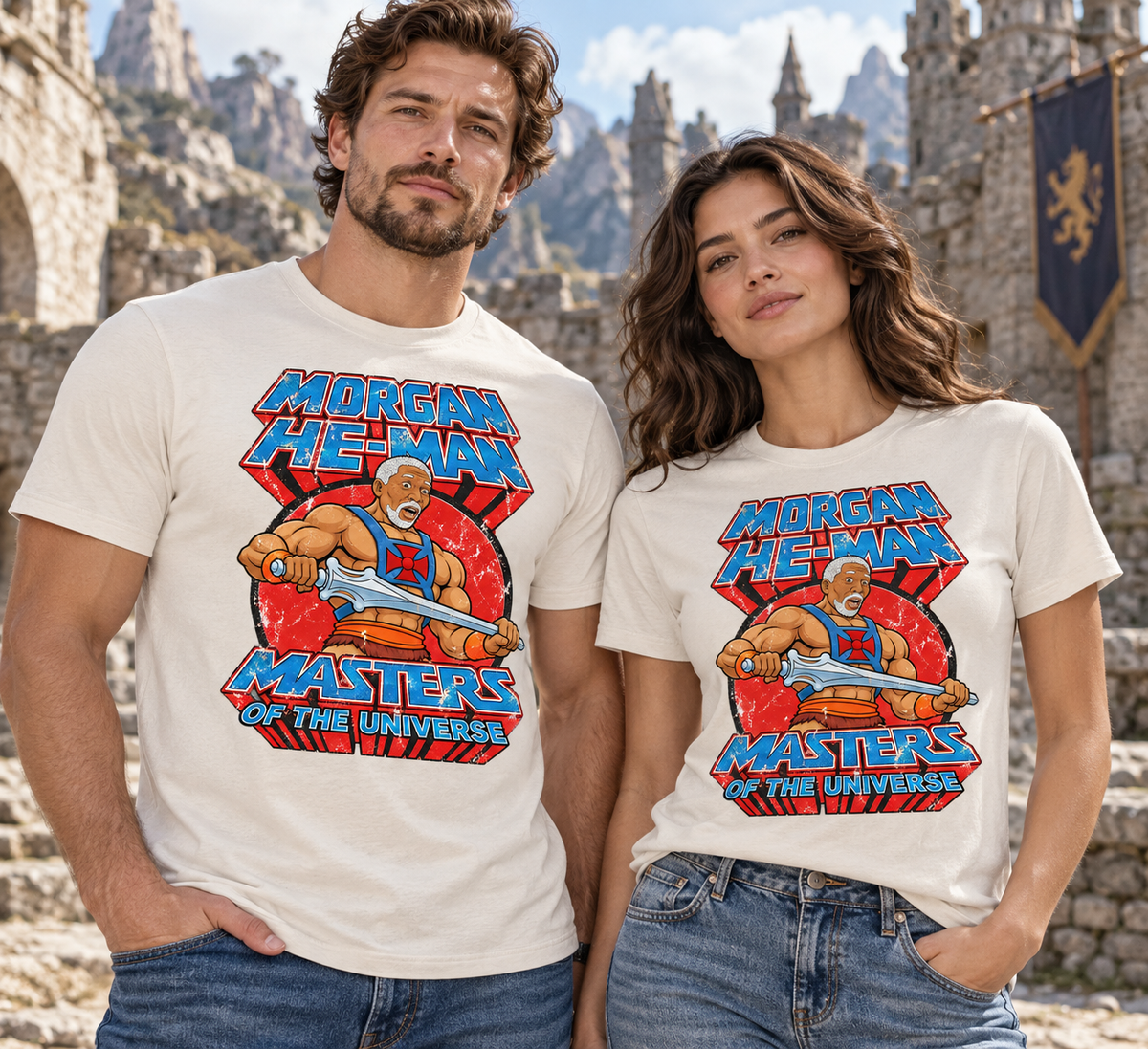 Pareja con camisetas blanco vintage Morgan He-Man, parodia de Morgan Freeman como He-Man, Masters del Universo - Starway to Helen