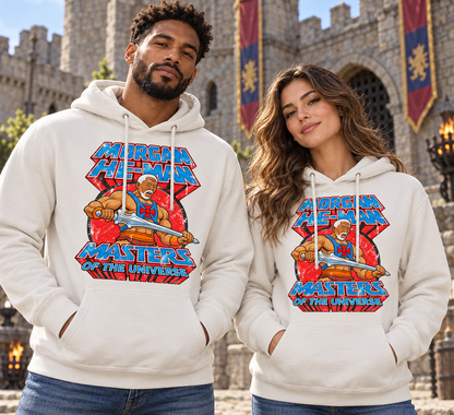 Pareja con sudaderas blancas vintage con capucha Morgan He-Man, parodia de Morgan Freeman como He-Man, Masters del Universo - Starway to Helen