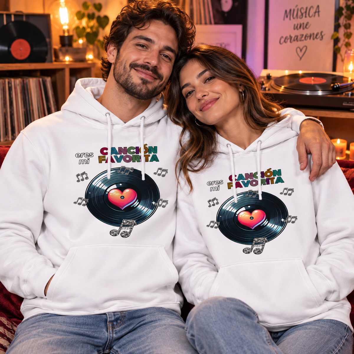 Pareja con sudadera Eres Mi Canción Favorita, diseño de vinilo y corazón - Starway to Helen