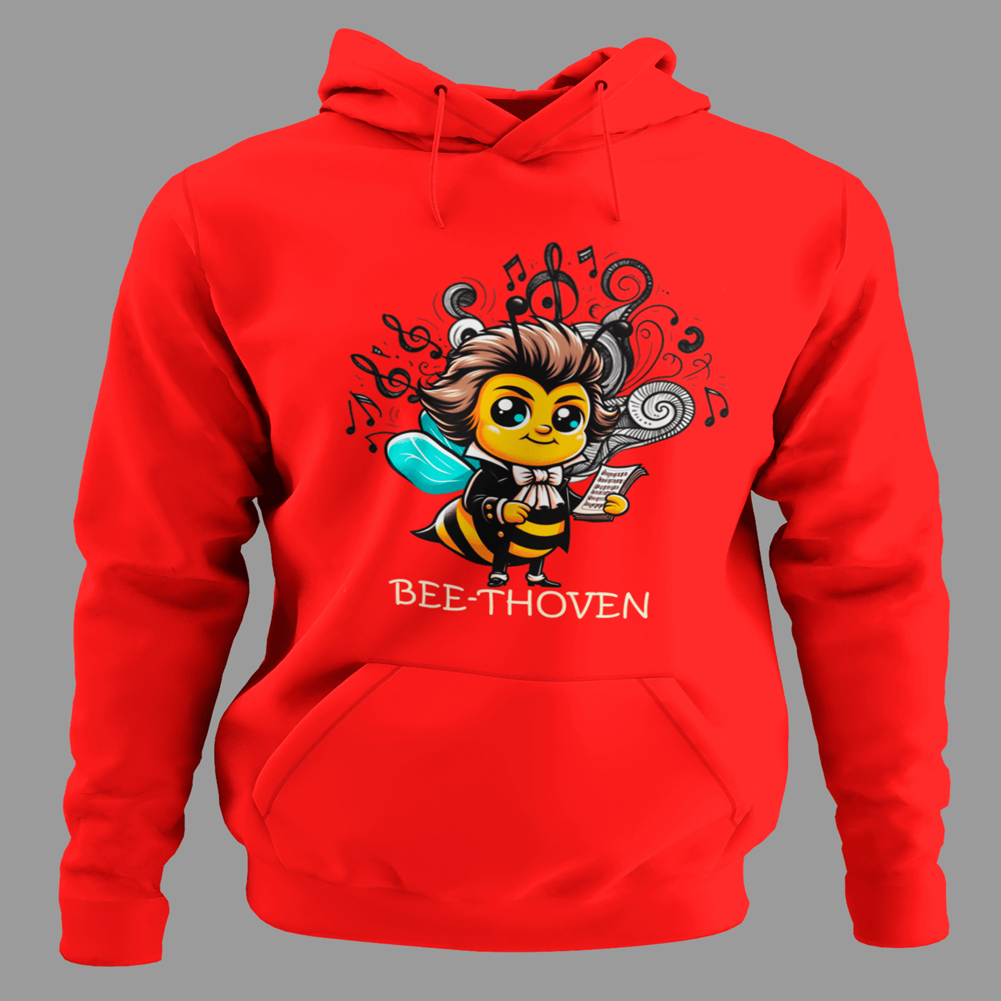 Sudadera roja Bee-thoven con abeja inspirada en Beethoven y notas musicales