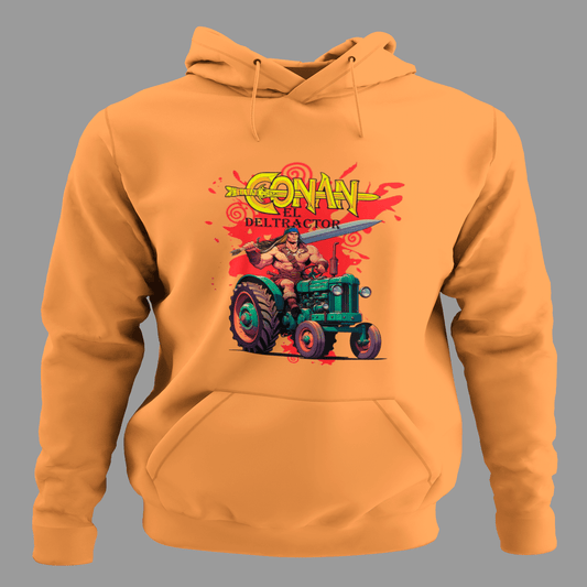Sudadera divertida Conan el Deltractor con guerrero musculoso conduciendo un tractor