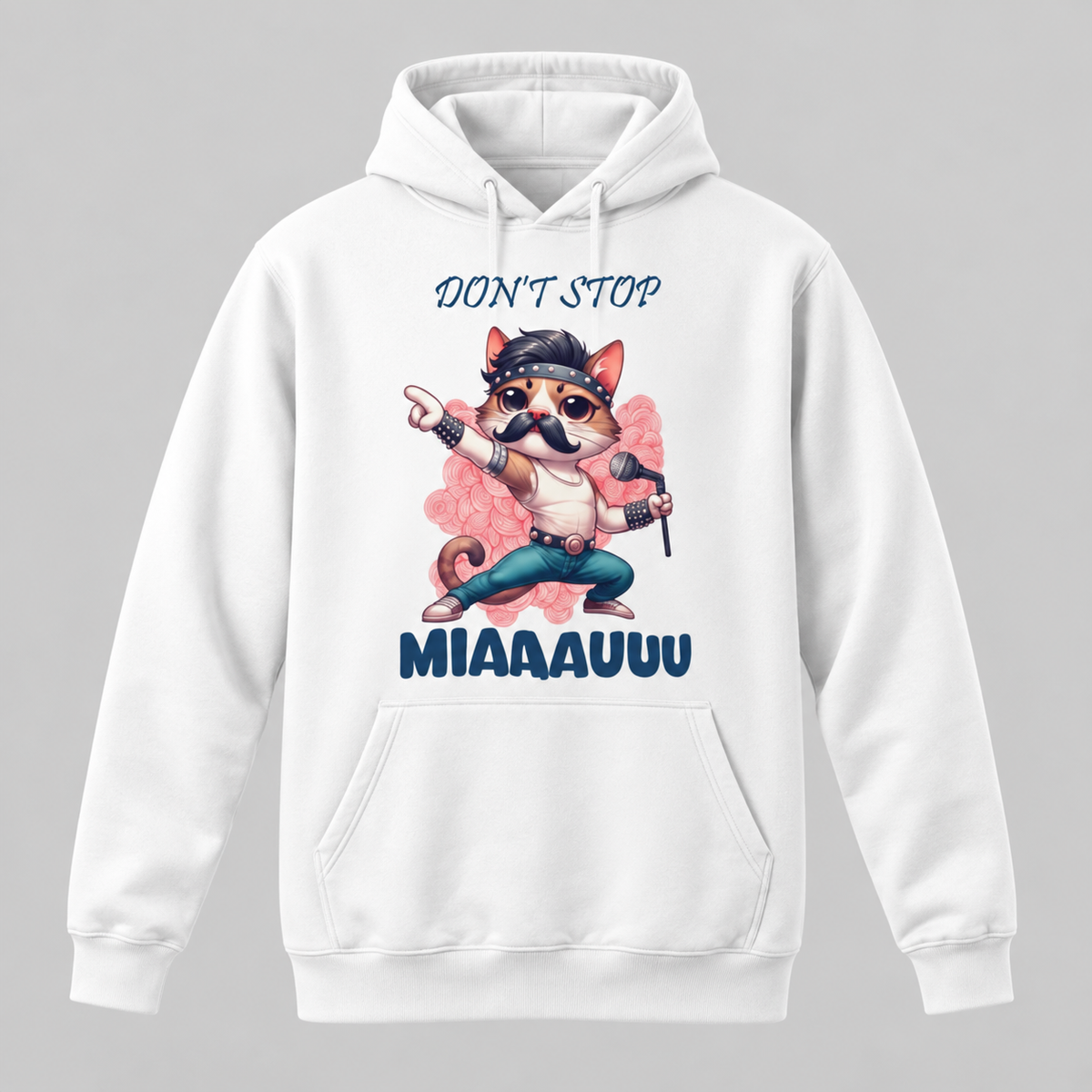 Sudadera Don't Stop MIAUUU blanca, diseño gato rockero parodia Queen - Starway to Helen
