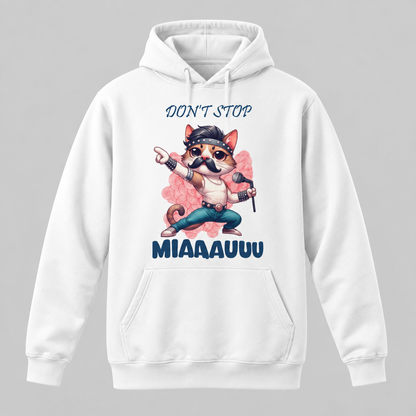 Sudadera Don't Stop MIAUUU blanca, diseño gato rockero parodia Queen - Starway to Helen