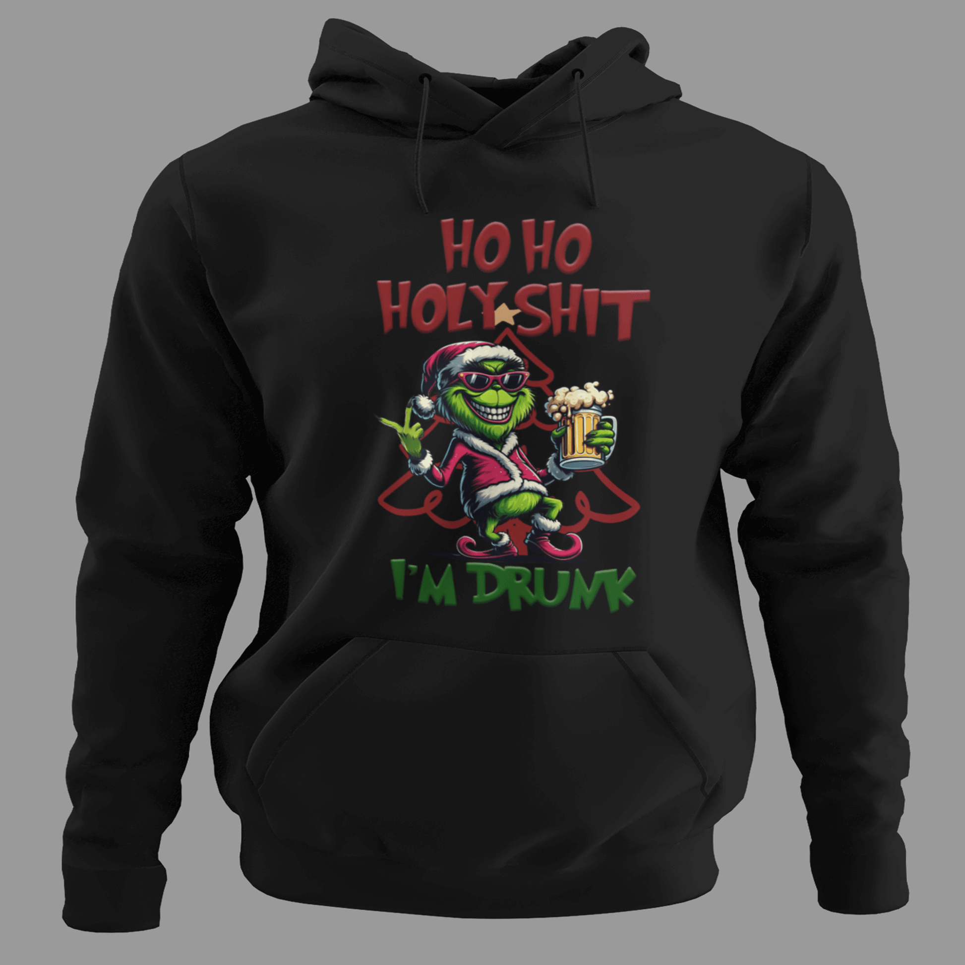 Sudadera "Ho Ho Holy Shit, I'm Drunk" 🍻 - ¡La Navidad más irreverente! 🤣 con diseño del Grinch fiestero.