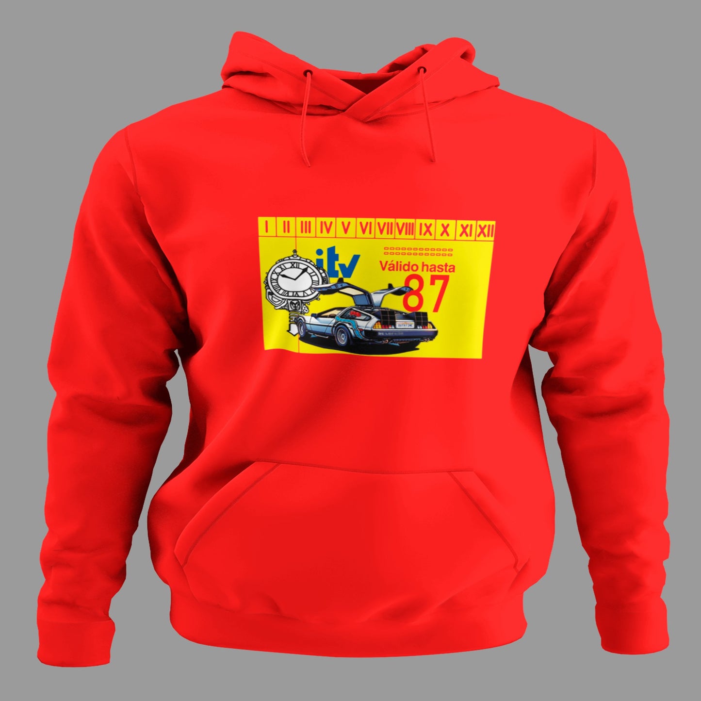 Sudadera roja divertida con pegatina ITV retro y coche clásico