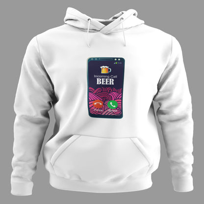 Sudadera blanca divertida Incoming Call Beer con móvil y cerveza