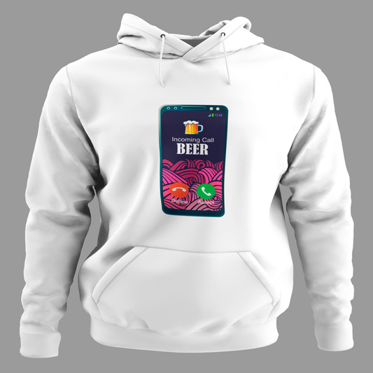 Sudadera blanca divertida Incoming Call Beer con móvil y cerveza