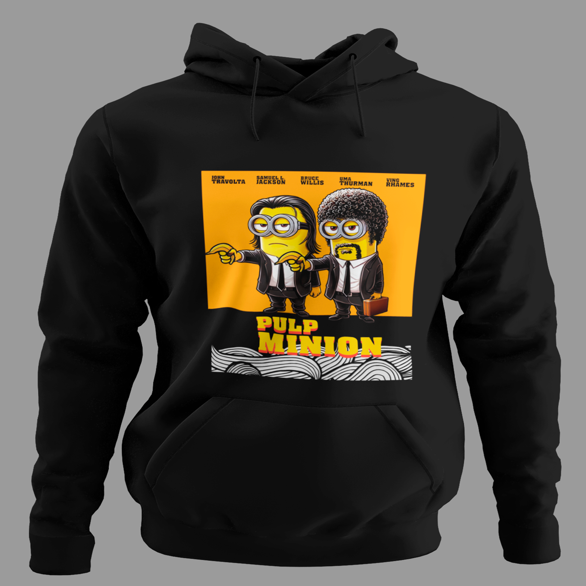 Sudadera con parodia de Pulp Fiction protagonizada por los Minions con pistolas de plátano