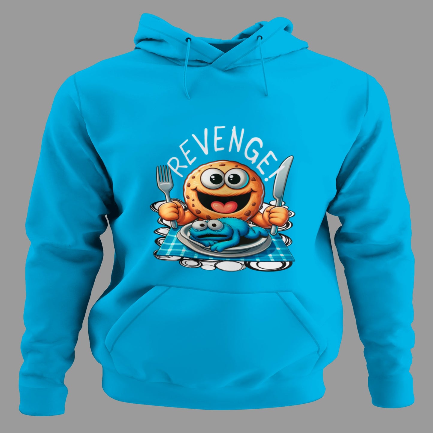 Sudadera azul divertida Revengue con galleta y monstruo azul