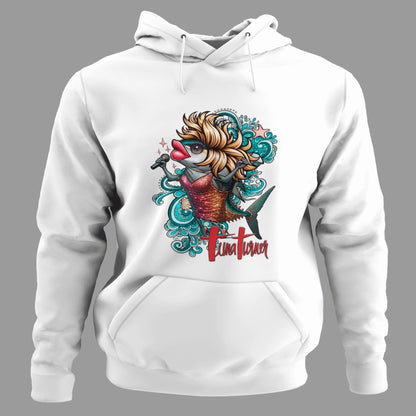 Sudadera blanca Tuna Turner con atún cantante inspirado en diva del rock