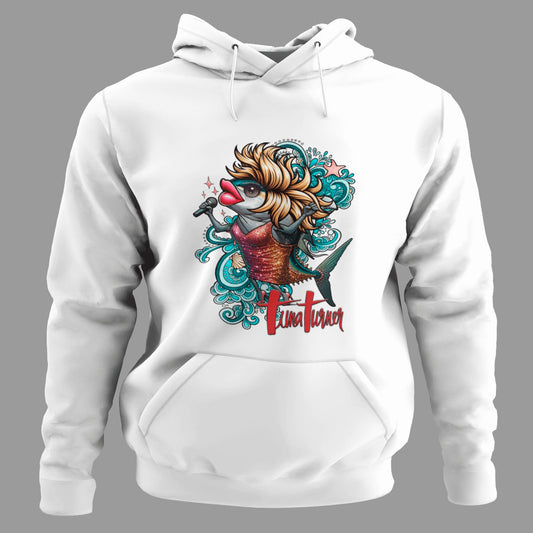 Sudadera blanca Tuna Turner con atún cantante inspirado en diva del rock