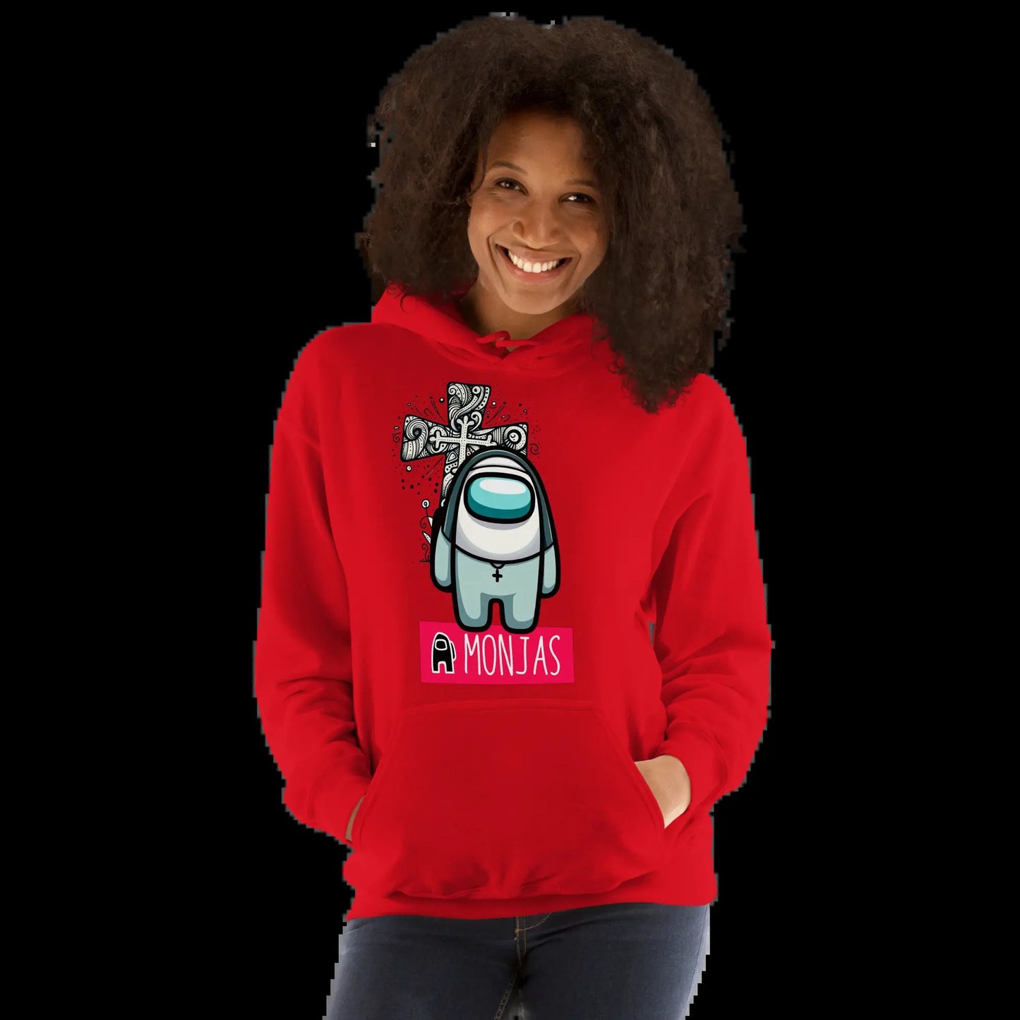Detalle diseño sudadera A Monjas, naves y monjas con humor