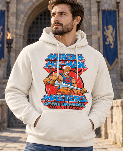 Sudadera blanca vintage con capucha Morgan He-Man en hombre, parodia de Morgan Freeman como He-Man, castillo de Masters del Universo - Starway to Helen