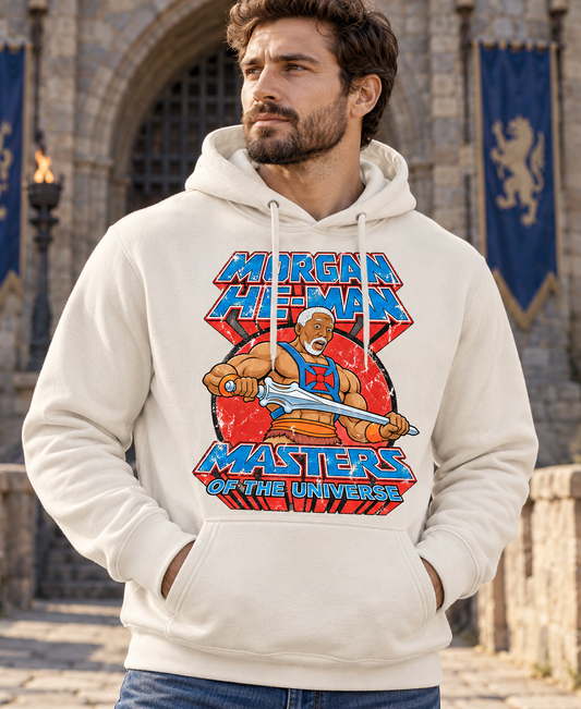 Sudadera blanco vintage con capucha Morgan He-Man en hombre, parodia de Morgan Freeman como He-Man, castillo de Masters del Universo - Starway to Helen