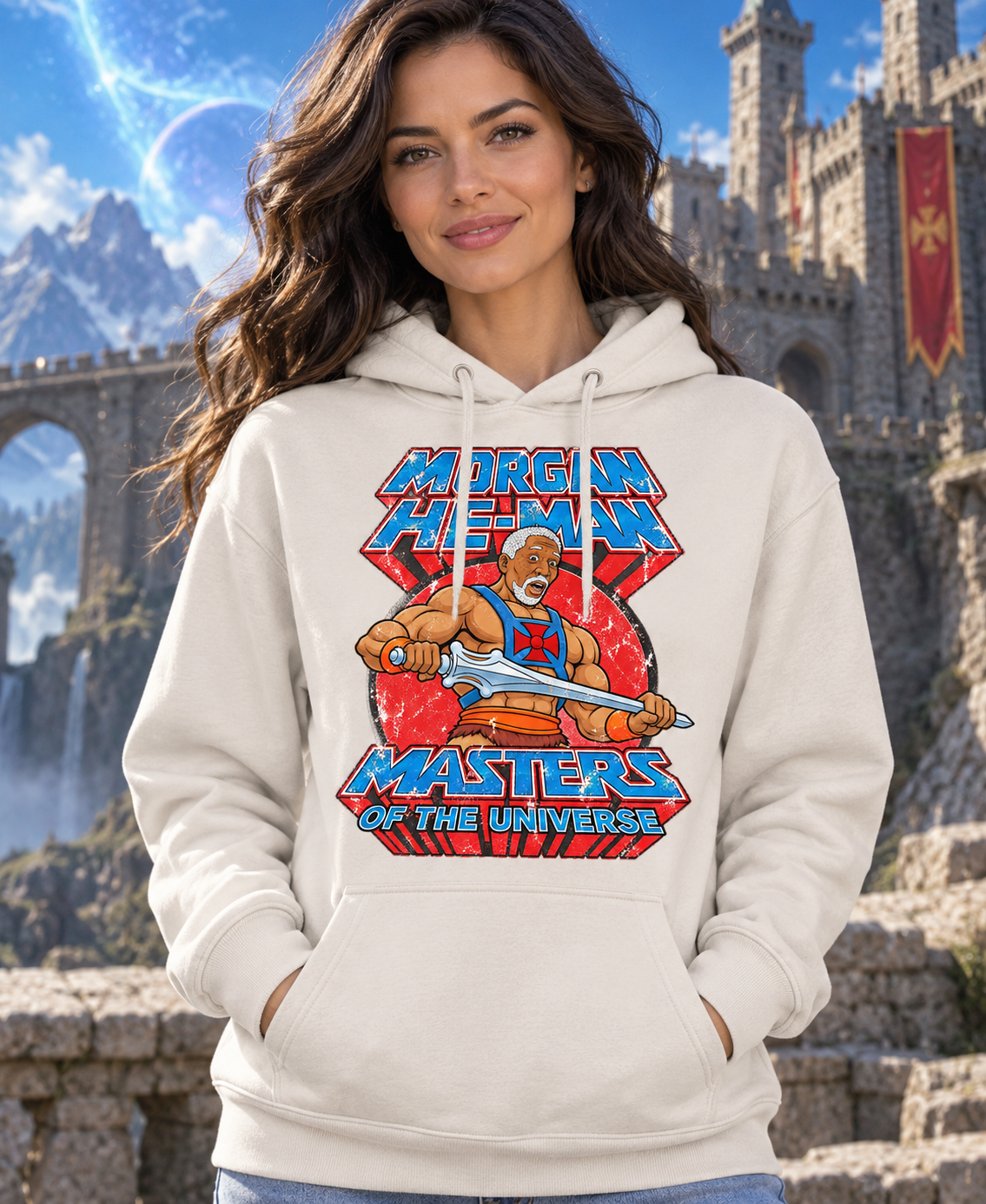 Sudadera blanca vintage con capucha Morgan He-Man en mujer, parodia de Morgan Freeman como He-Man, Masters del Universo - Starway to Helen