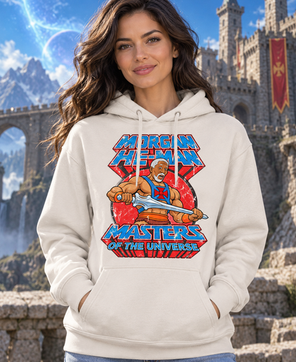 Sudadera blanca vintage con capucha Morgan He-Man en mujer, parodia de Morgan Freeman como He-Man, Masters del Universo - Starway to Helen