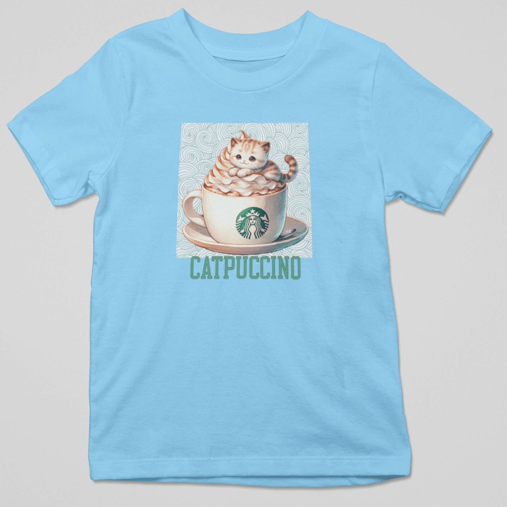 Camiseta Catpuccino con diseño de gato y café, humor felino original