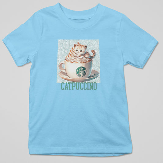 Camiseta Catpuccino con diseño de gato y café, humor felino original